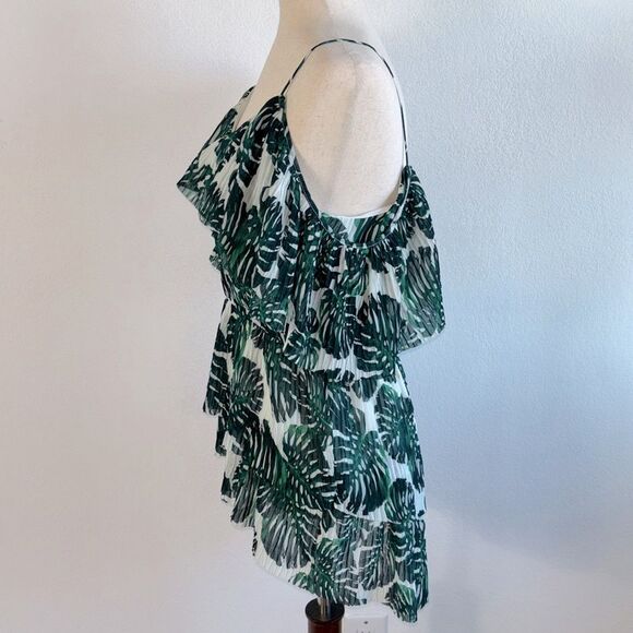 Banana Republic Cold Shoulder Pleated Flounce Top Tropical Palm Leaf Top Sz 4 - Picture 6 of 12